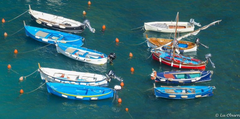 Fishing boats cover the harbor waters.